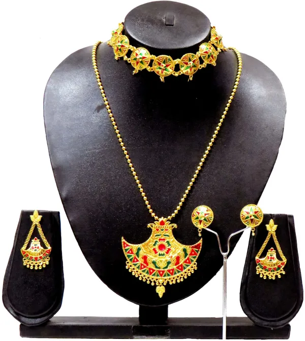 Assamese_Traditional_Gold_Plated_Red_Green_Colour_Combo_Jewellery_Set_For_Women